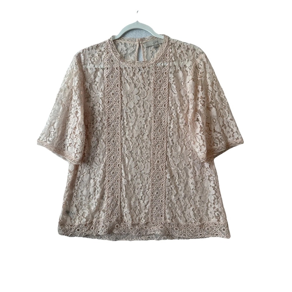 Loft Pastel Pink Sheer Floral Lace Blouse Women's L Fairy Whimsy Boho Layering